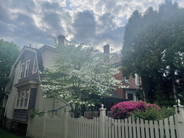 Una casa residencial con cerca blanca de piquete, un árbol de flores blancas y una chimenea de ladrillo.