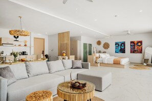 Villa Confort, 1 cama de matrimonio grande, vistas al mar, frente a la playa | Zona de estar