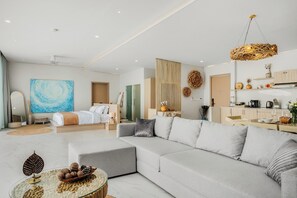 Villa de lujo, 1 cama de matrimonio grande, vistas al mar, frente a la playa | Zona de estar
