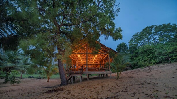 A wooden structure with a thatched roof, surrounded by trees and sand. - Wild Edge Panama - Kumana Safari Lodge (Panama)