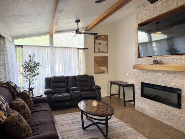 Smart TV, fireplace, books