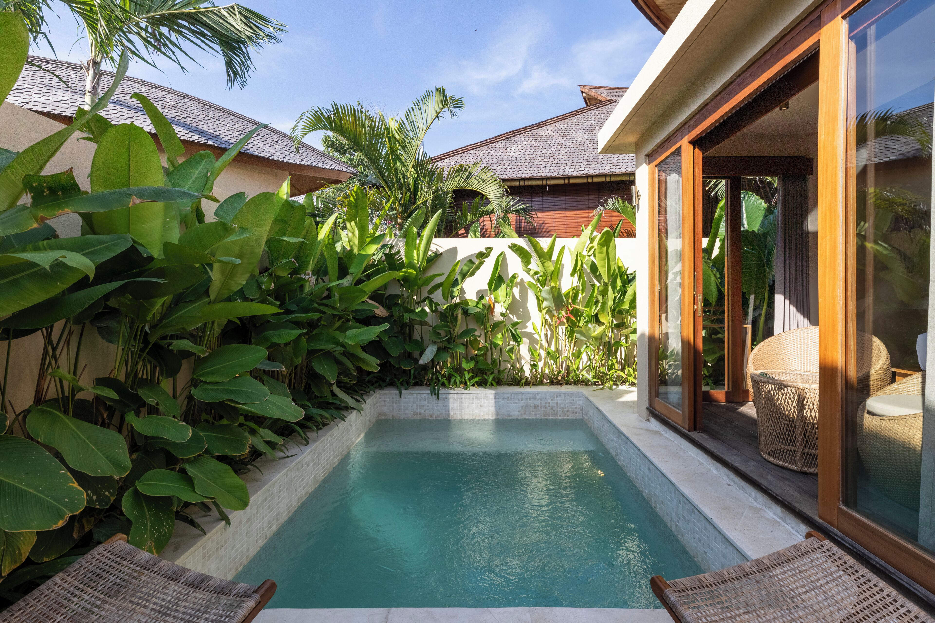 A swimming pool with a tiled edge, surrounded by lush tropical plants and wicker furniture.
