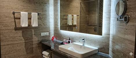 Separate tub and shower, hair dryer, towels, soap