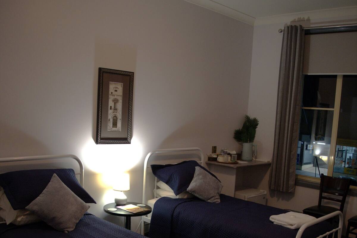 A hotel room with two single beds, a bedside table with a lamp, a small shelf with a plant, and a window with curtains.