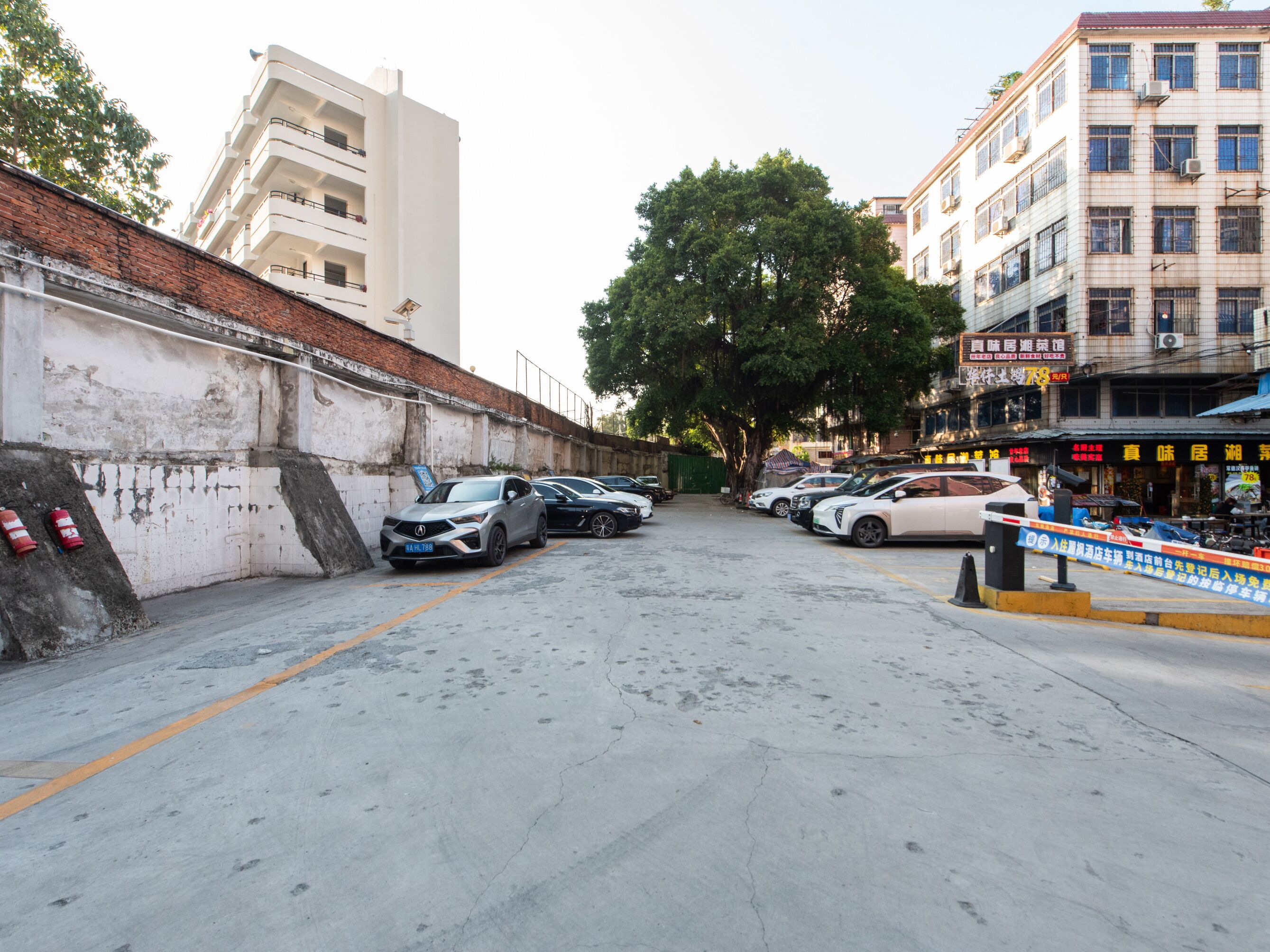 Un estacionamiento con varios coches, un muro de ladrillo y edificios al fondo.