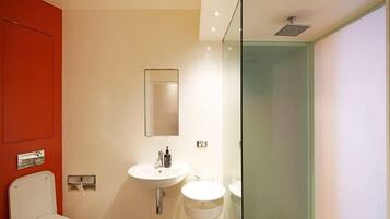 Shower, hair dryer, towels, shampoo