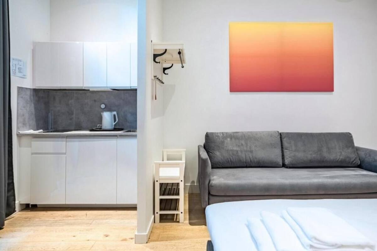 Una habitación moderna con kitchenette, un sofá gris y una obra de arte colgada en la pared.