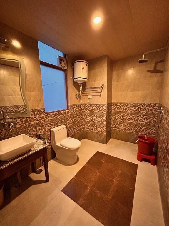 Shower, rainfall showerhead, slippers, soap