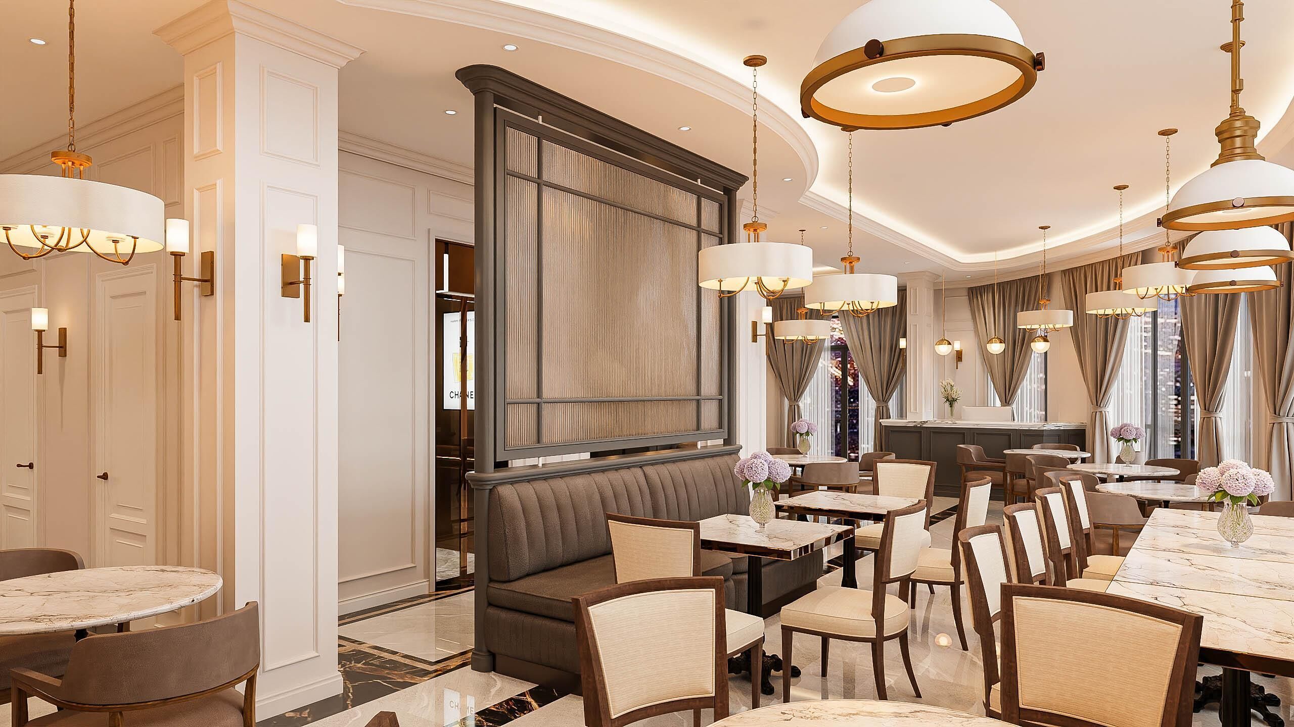 A spacious dining area with multiple tables and chairs, a large seating area, and elegant lighting fixtures.