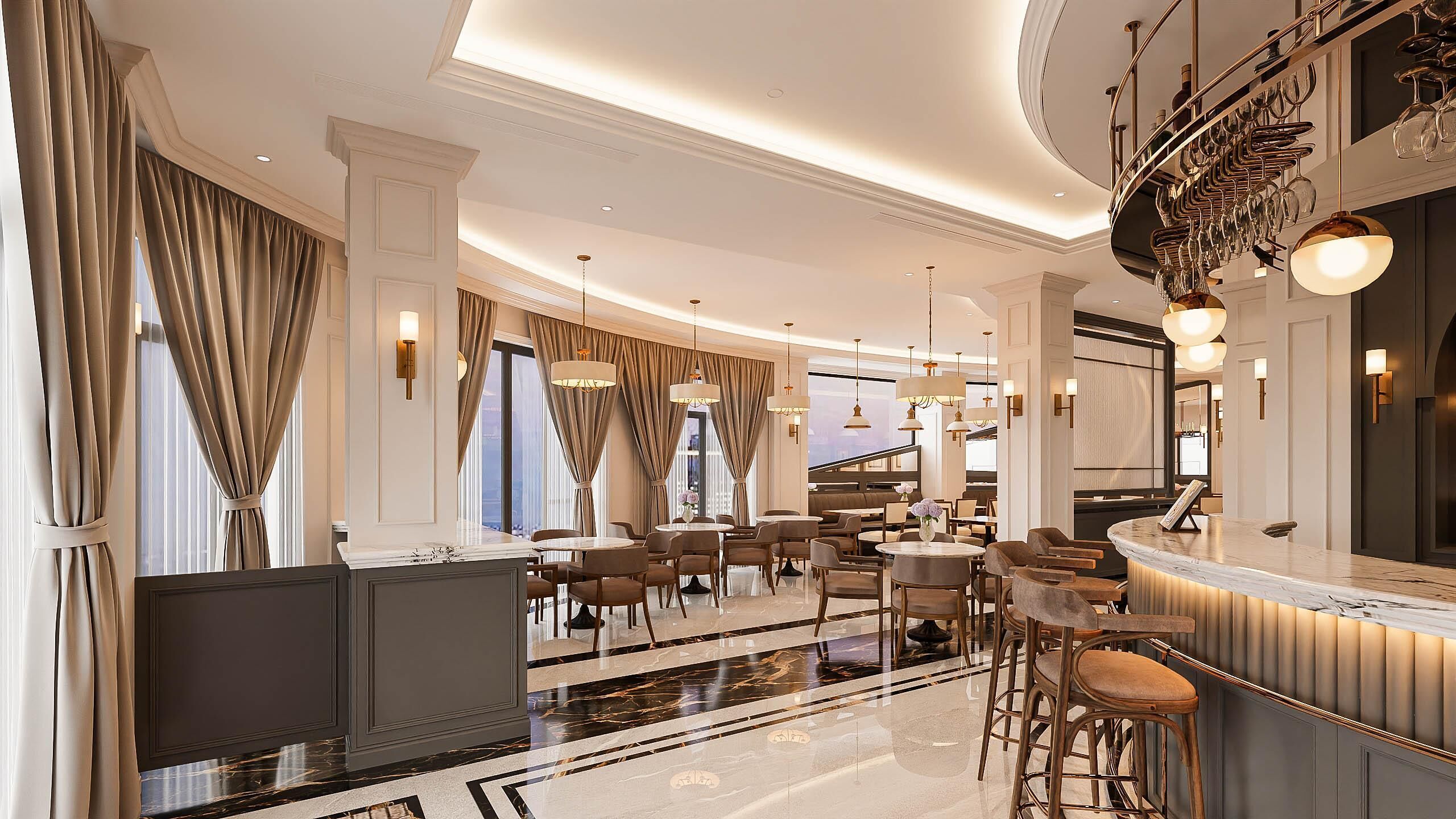 En luksuriøs hotellobby med en buet bar, elegante lysekroner og en marmorgulv.