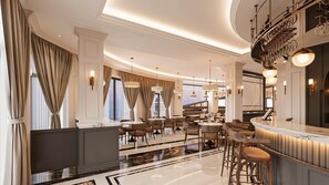 Un hall d’hôtel luxueux, doté d’un bar aux lignes courbes, d’élégants lustres et d’un sol en marbre.