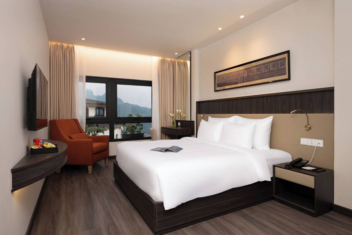 Habitación de hotel con cama, silla, escritorio, televisor, mesita de noche y ventana con vistas.