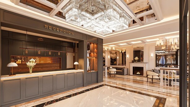 A hotel reception area with a modern design, a chandelier, and a fireplace. - Hotel Montmartre de Sapa (Sa Pa)