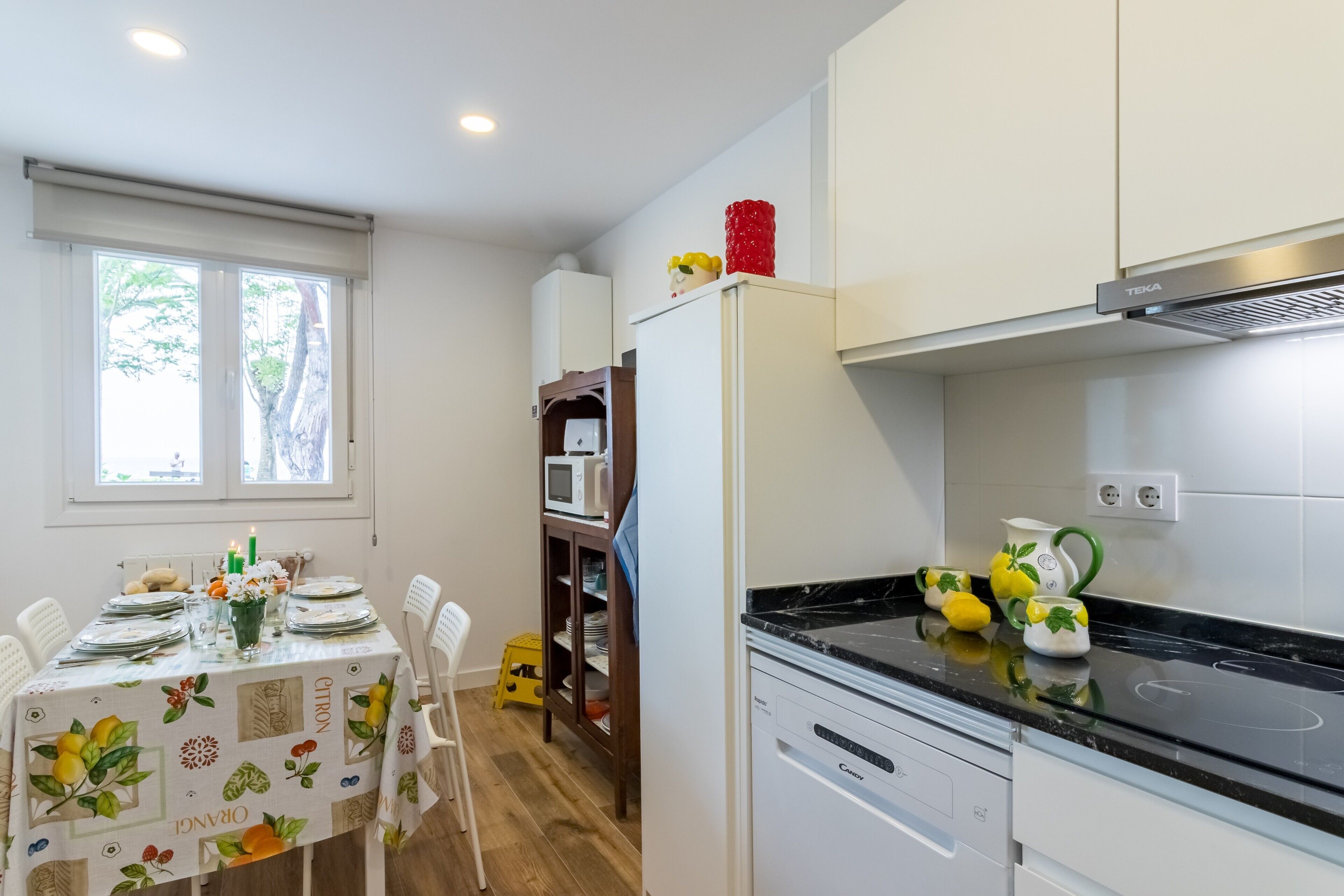 Frigorífico, microondas, horno y placa de cocina