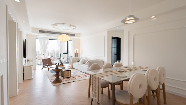 A modern dining area with a long table, chairs, and a city view. - 3-bedroom apartment with high-rise balcony Near Xintiandi CBD200m to  Metro. (Shanghai)