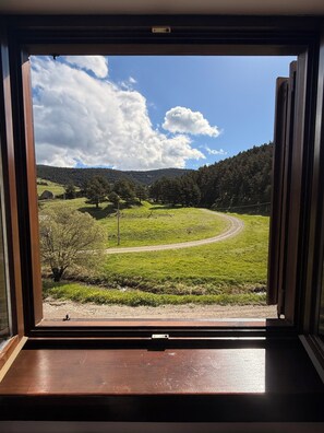 Ein Fenster mit Blick auf eine grüne Landschaft, einen gewundenen Pfad und einen bewaldeten Hügel.