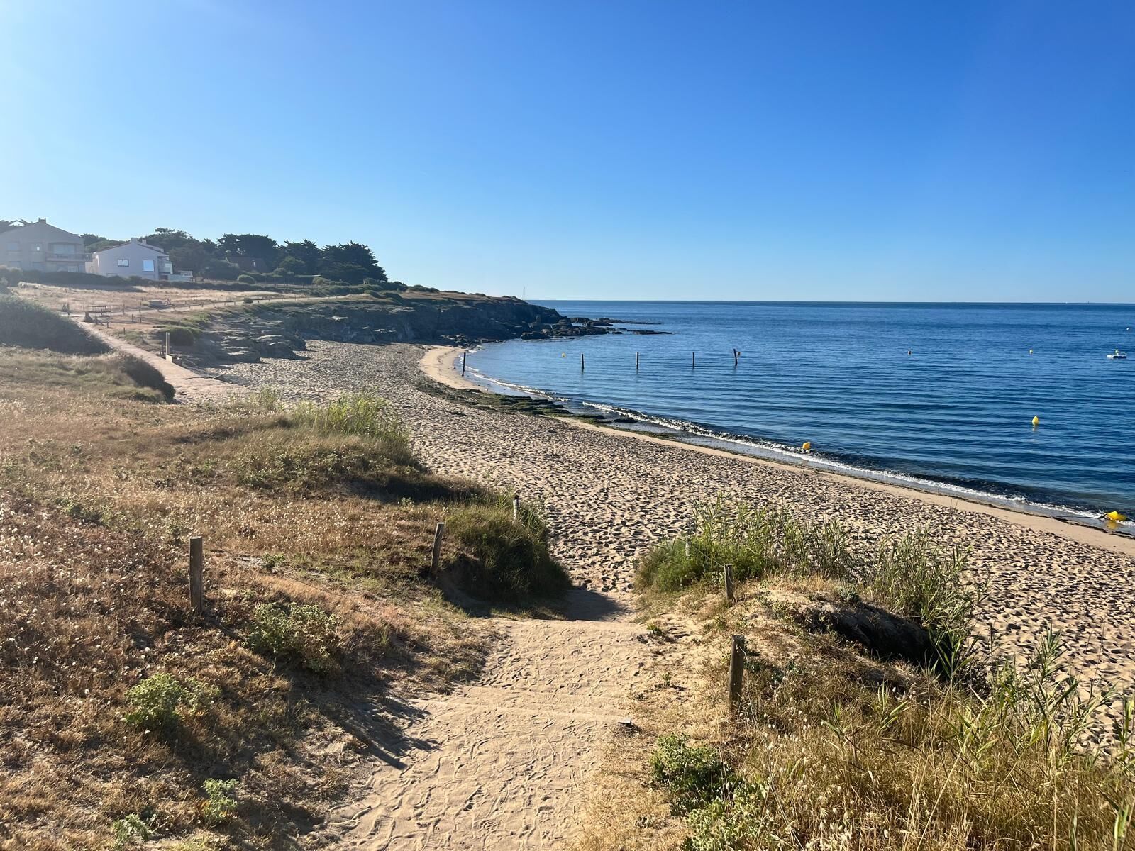 Un sentier côtier menant à une plage, avec un ciel dégagé.