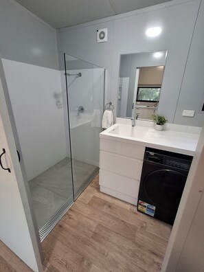 A modern bathroom with a glass shower enclosure, a sink with a mirror, and a built-in dishwasher.