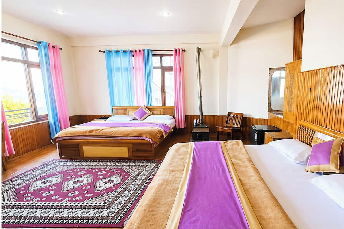 A hotel room with two beds, a wooden headboard, a TV, a heater, and a patterned rug.