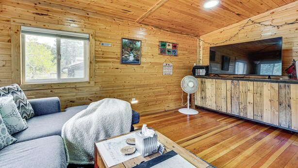 L’intérieur d’un chalet en bois, avec un canapé, une table sur laquelle se trouve une boîte de mouchoirs, un ventilateur et un grand téléviseur.