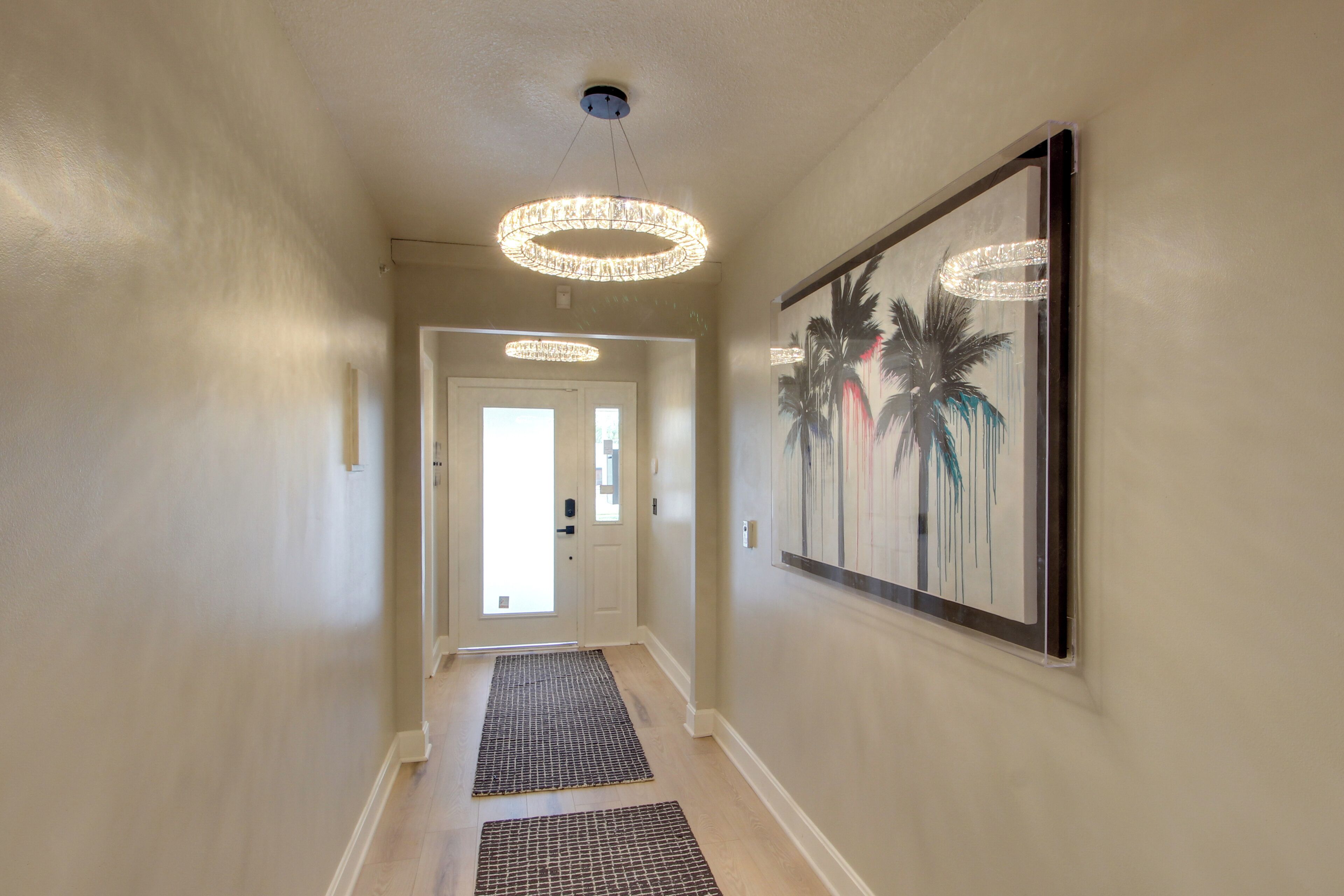 A hallway with a door, a framed artwork, and a patterned rug.