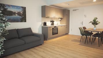 Familien-Vierbettzimmer, Gartenblick | Eigene Küche | Kühlschrank, Ofen, Herdplatte, Geschirrspüler