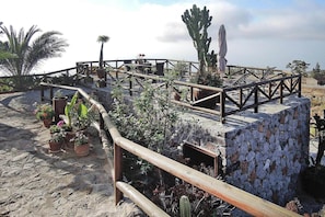 A patio area with potted plants, a wooden railing, and a cactus. - Holiday Home in Vera de Erques (Vera de Erques)