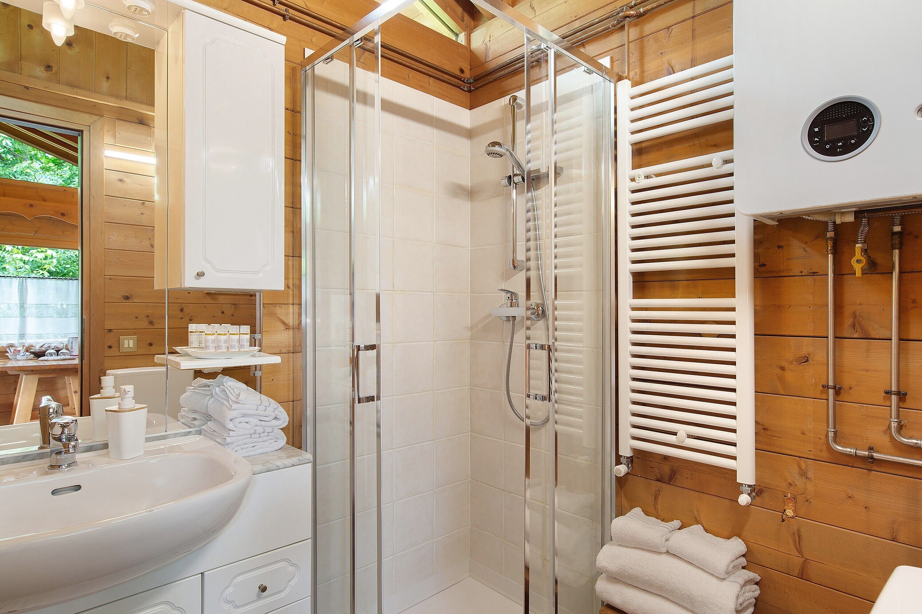 Shower, hair dryer, towels