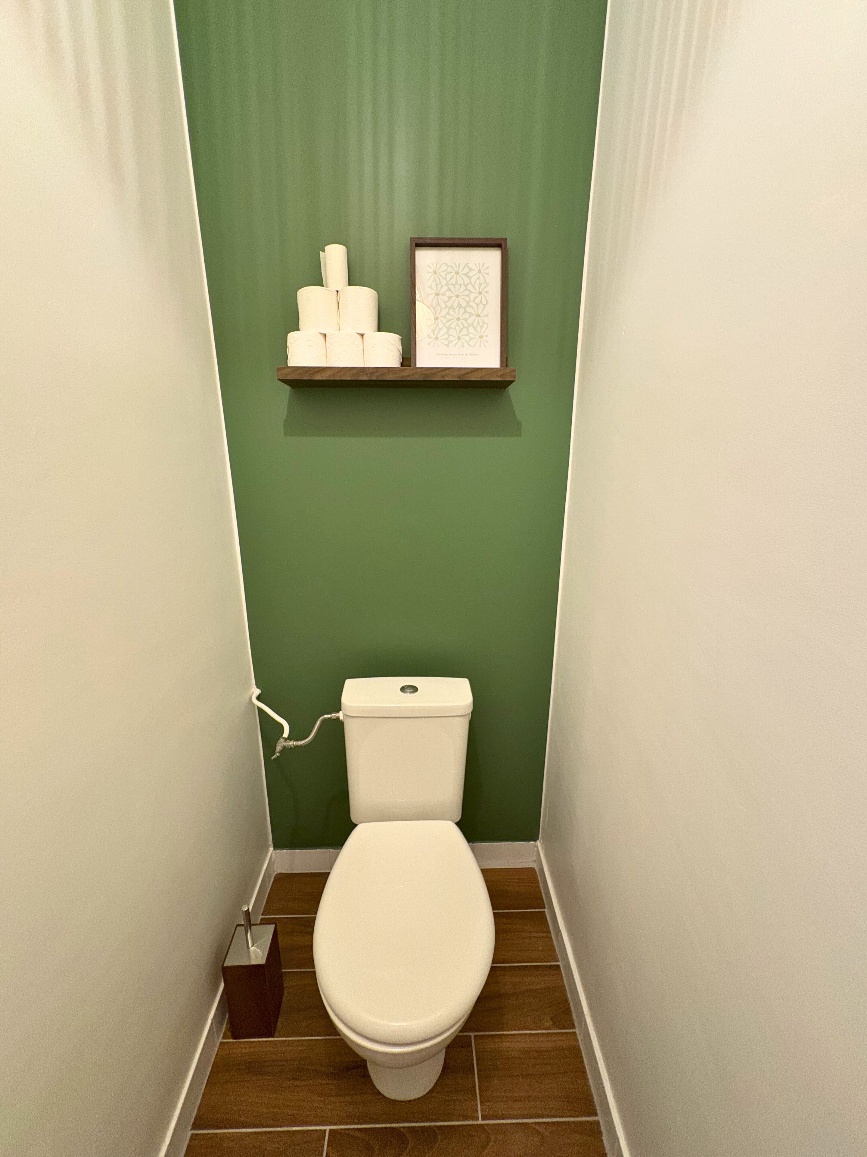 A small bathroom with a toilet, a shelf with toilet paper and a framed picture, and a wall with a greenish hue.