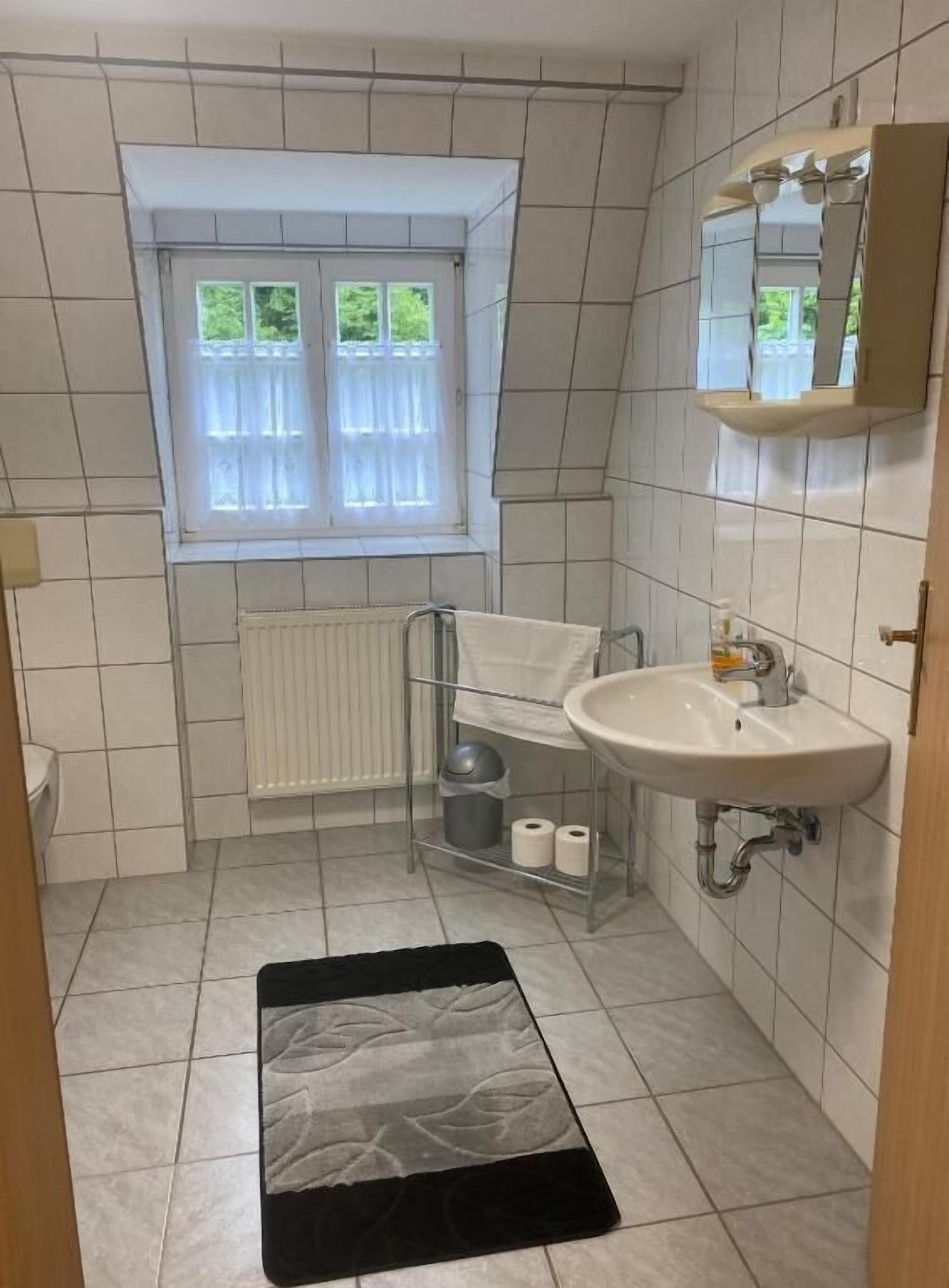 A bathroom with a window, a radiator, a sink, and a black rug.