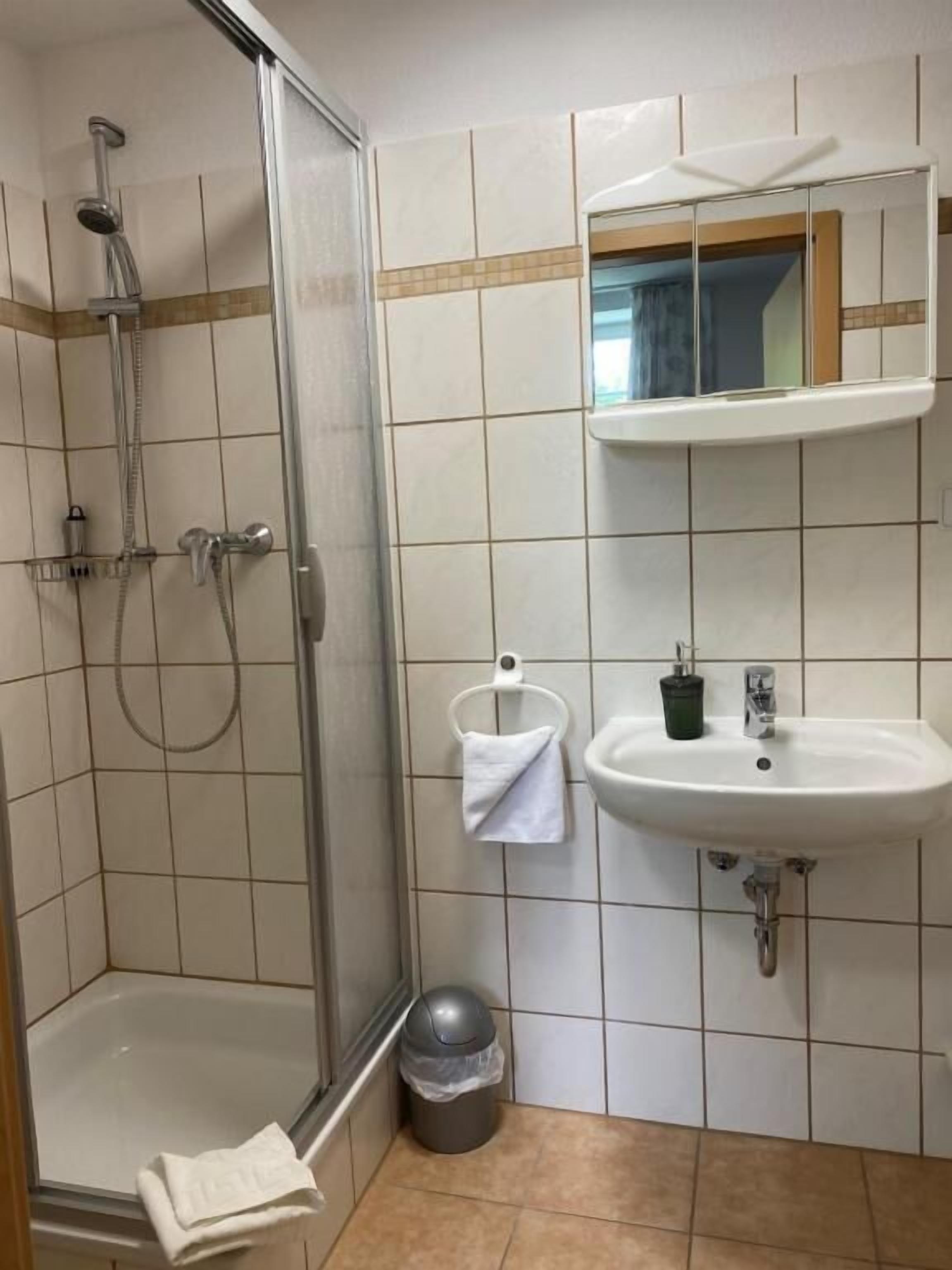 Un baño con ducha, lavabo y espejo.