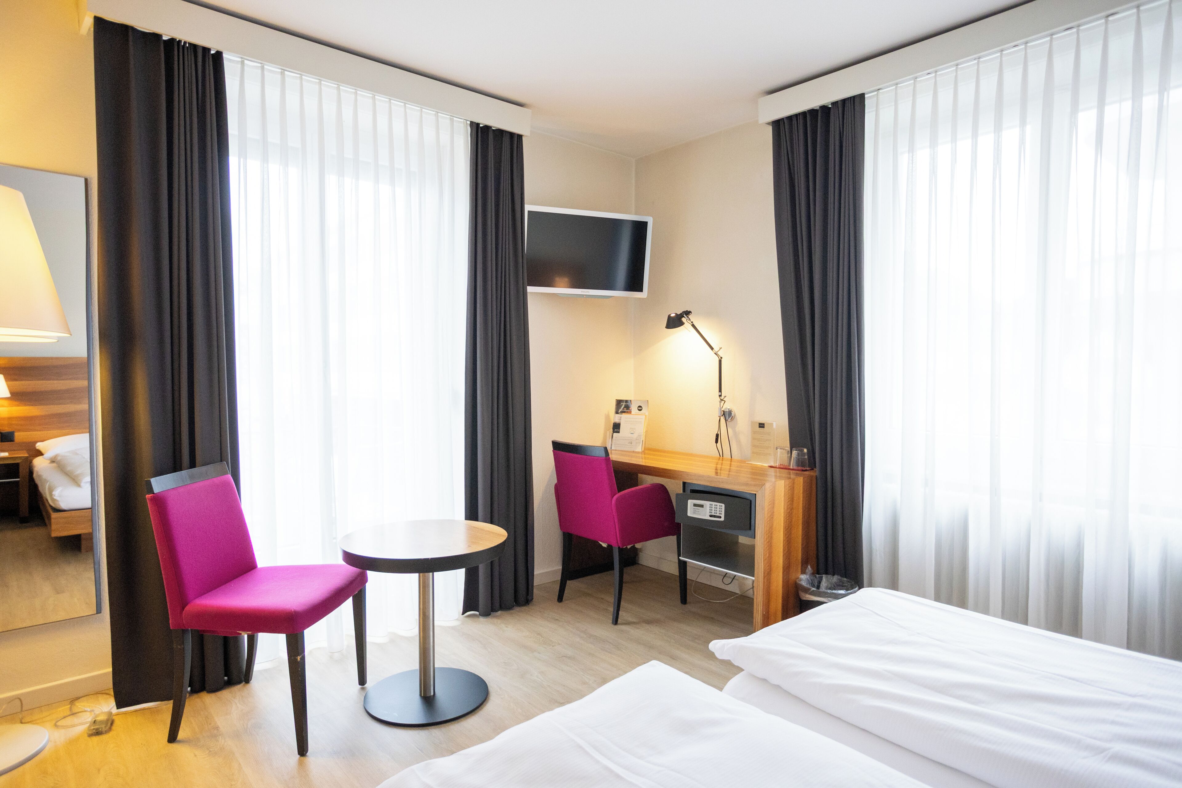 In-room safe, desk, laptop workspace, blackout drapes