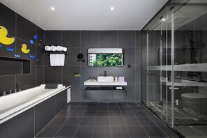 Family Suite, Multiple Beds, Refrigerator, Garden View | Bathroom | Separate bathtub and shower, hair dryer, slippers, towels