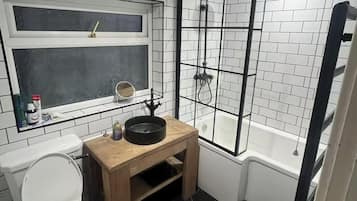 Hair dryer, towels, soap, toilet paper