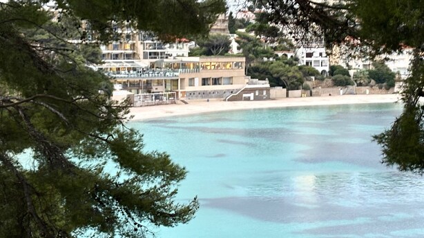 A coastal hotel with a pool, beach, and surrounding trees. - Sea view - Large terrace - Walking distance to beaches - Air conditioning - Parking (Bandol)