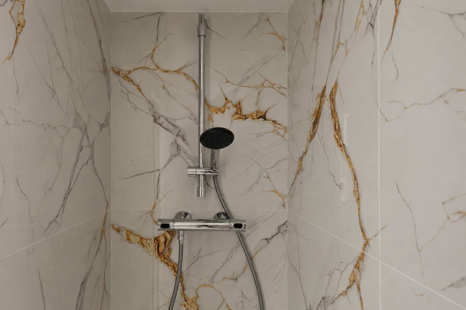 Eine Dusche mit Duschkopf zum Anfassen und einer fest installierten Bedienkonsole, vor einer Marmorwand mit goldenen Adern.