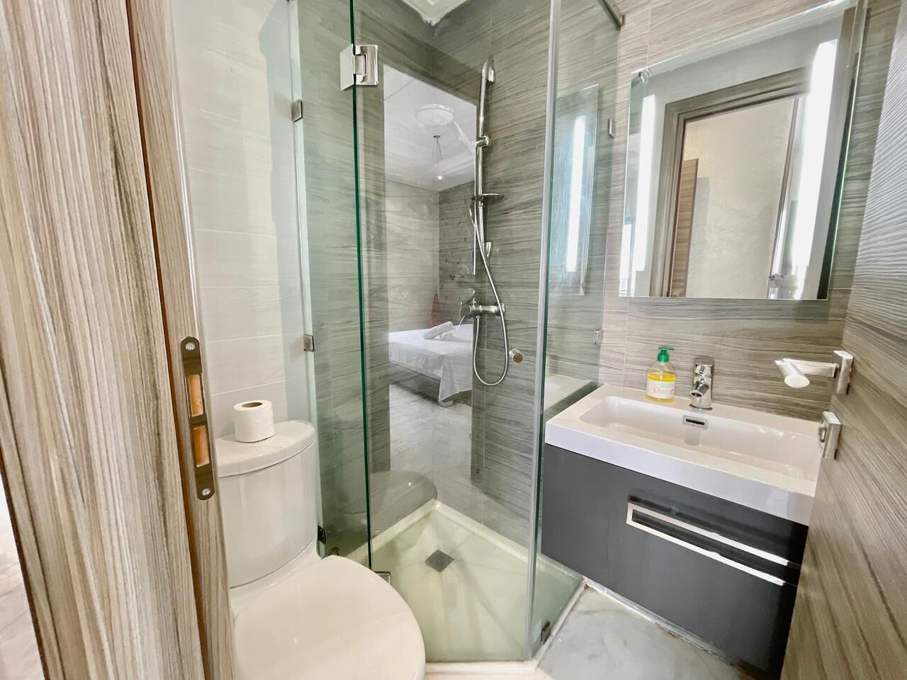 Hair dryer, bidet, towels, soap