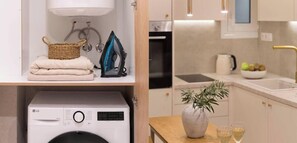 A laundry room with an LG washing machine, a basket, towels, and an iron. - Chic Stay | Spa-Style Bath | Acropolis (Athens)