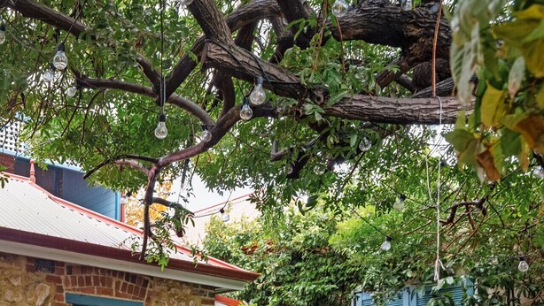 A courtyard with a rustic brick building, a wooden bench, potted plants, and hanging light bulbs. - Apartment Faro - Heart of South Freo with Parking (South Fremantle)