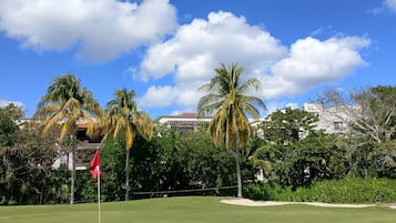 Un campo de golf con un mástil de bandera, palmeras y un cielo azul despejado.