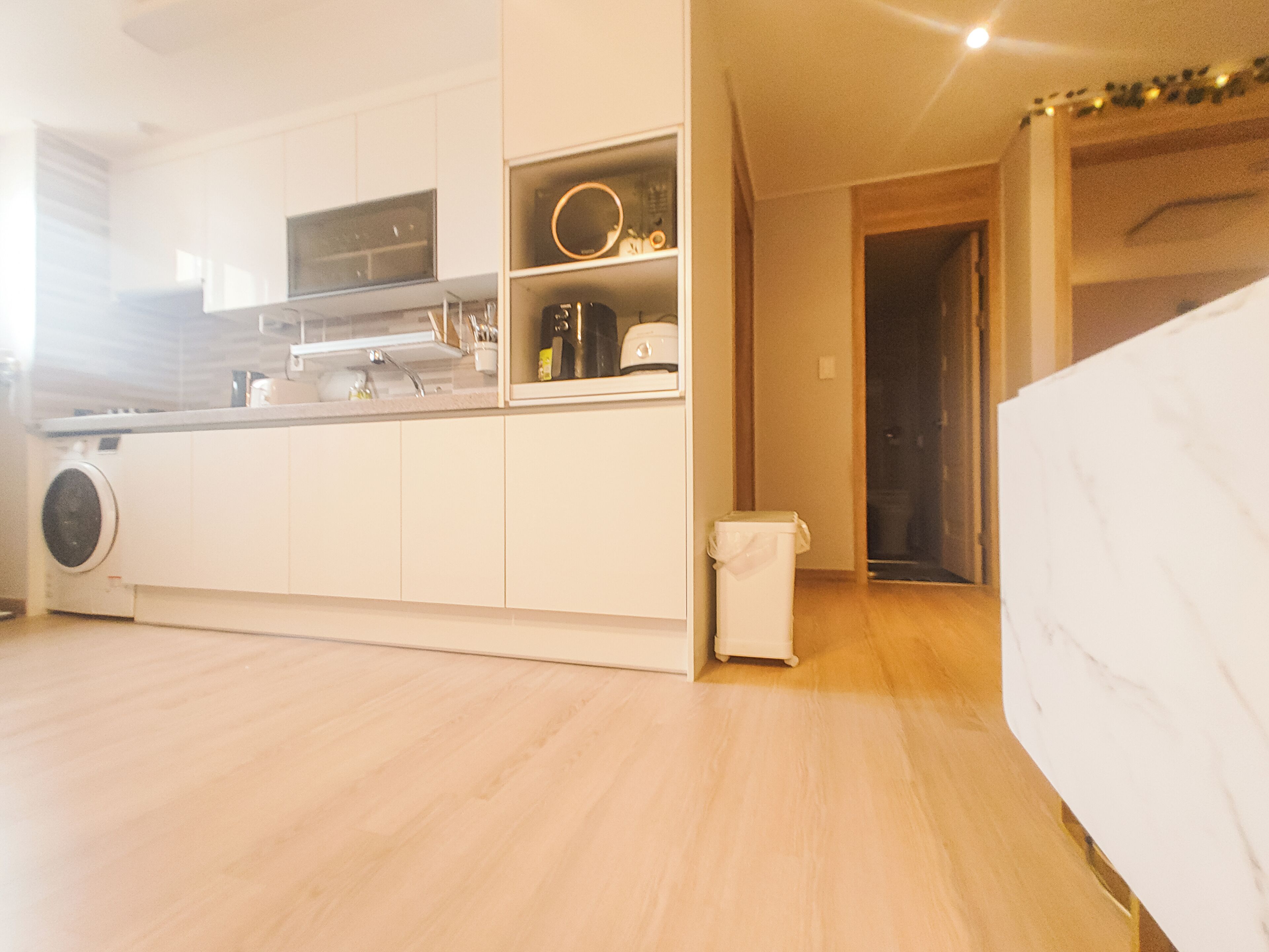 Fridge, microwave, electric kettle, toaster