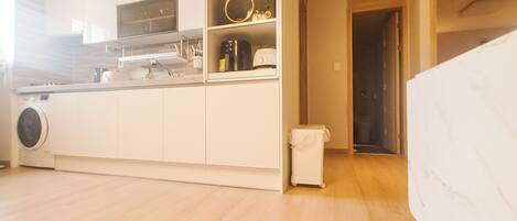 Fridge, microwave, electric kettle, toaster