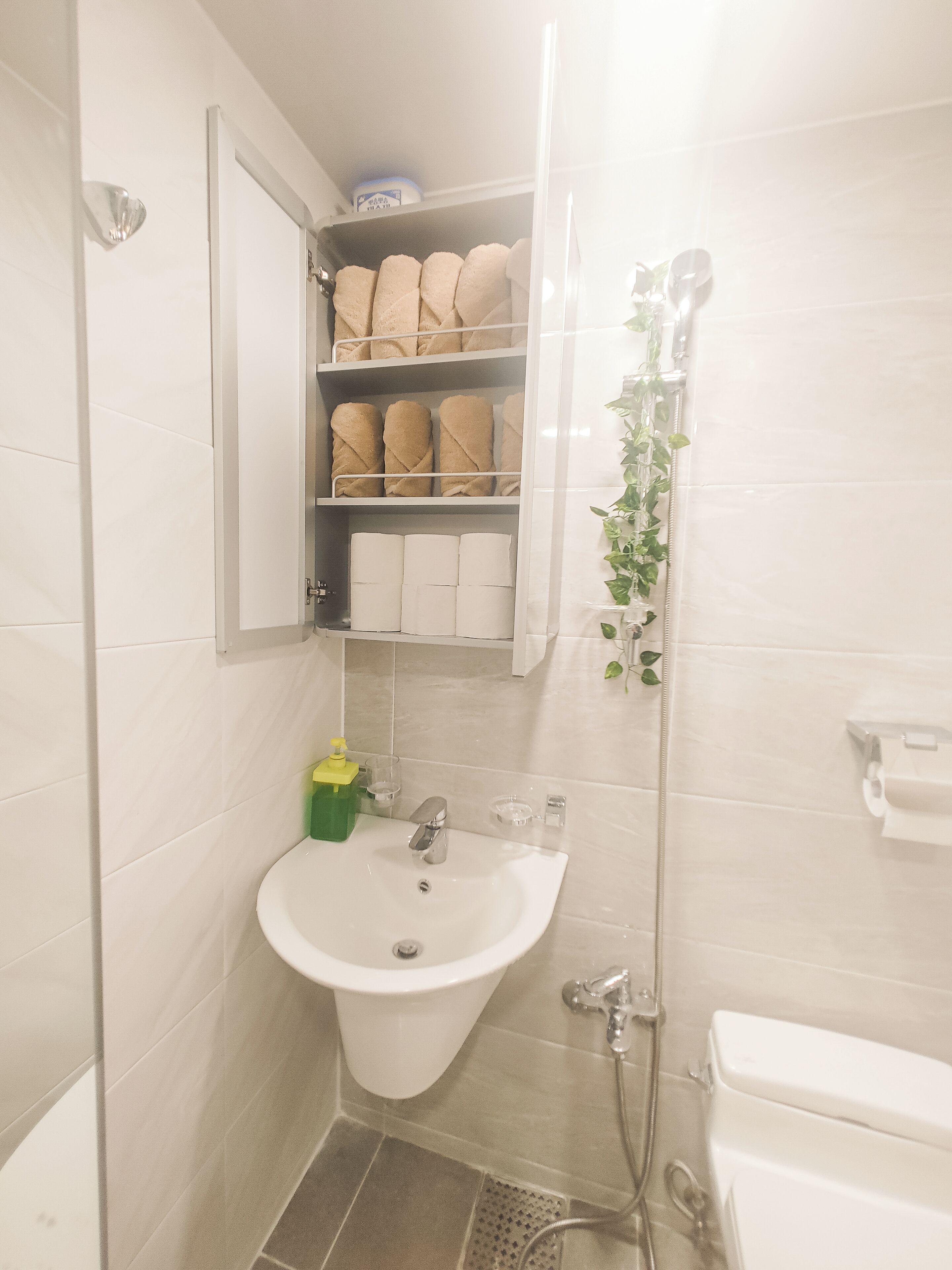 Shower, hair dryer, towels, shampoo