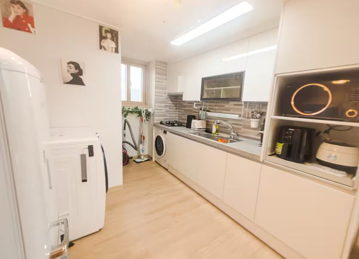 Fridge, microwave, electric kettle, toaster
