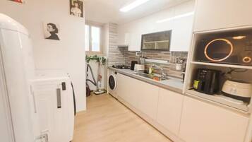 Fridge, microwave, electric kettle, toaster
