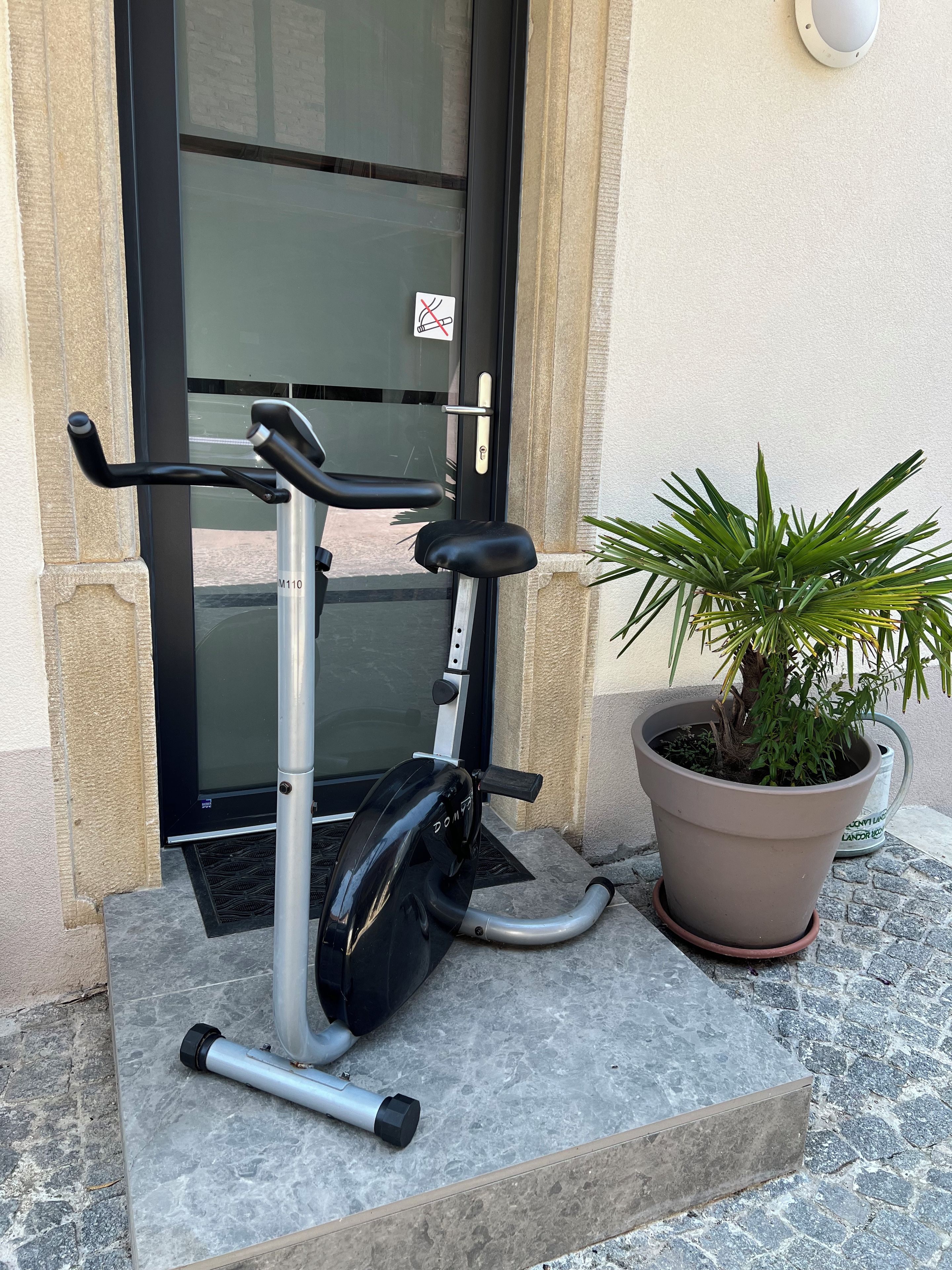 An outdoor exercise bike on a stone platform, a potted plant, and a door with a no-smoking sign.