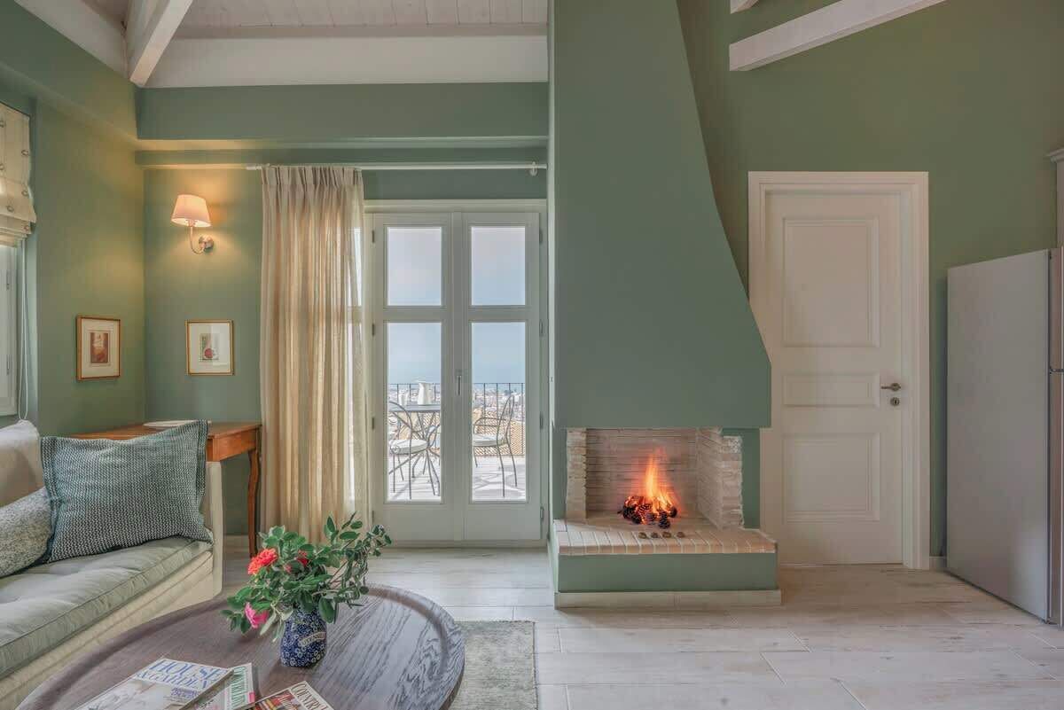 Elegant lounge area with fireplace for cozy night