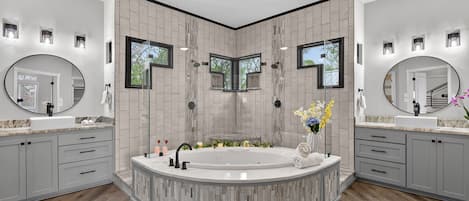 Shower, hair dryer, towels, shampoo