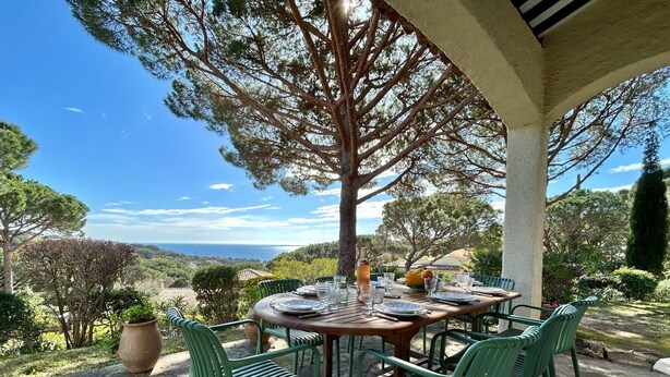 An outdoor dining area with a table set for four, surrounded by green chairs, under a tree. - Dream villa with sea view and pool - family-friendly (Sainte-Maxime)