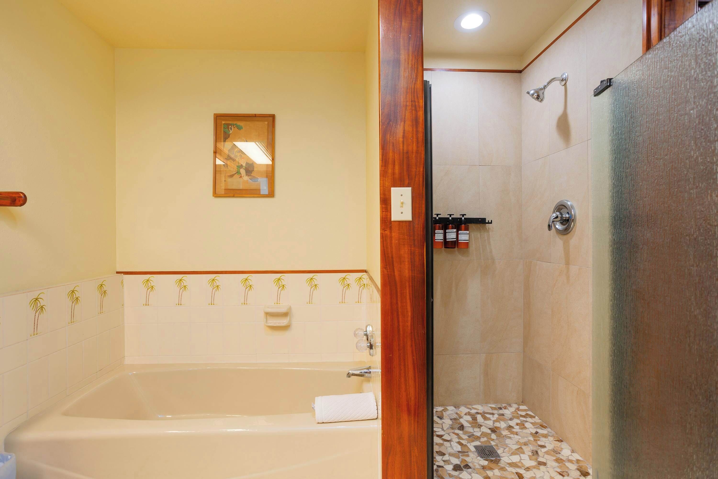 A bathroom with a bathtub, a shower, and a toilet.